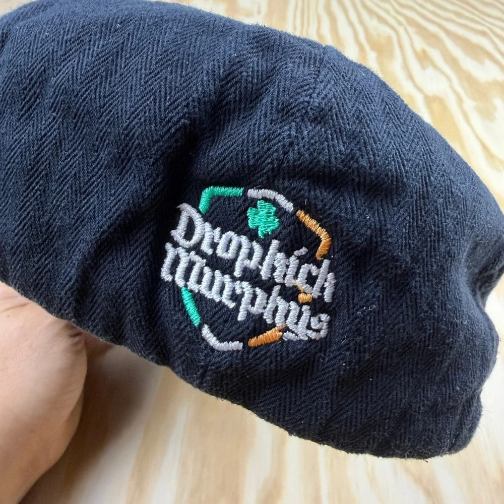 Dropkick Murphys Mens Black Herringbone Newsboy Cap Quilted Flat Hat Shamrock